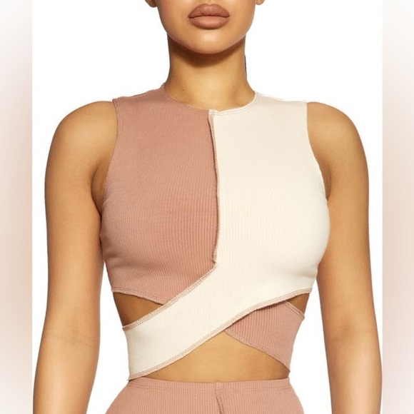 naked wardrobe Tops - NAKED WARDROBE Ribbed Criss Cross Crop Top Size Medium Neutral Tan Y2K Retro 90s